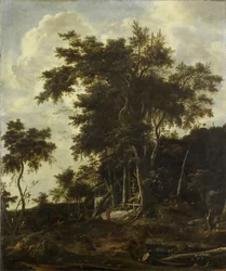 Paesaggio forestale con capanna del boscaiolo