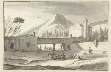 Paesaggio montuoso italianeggiante con una chiesa a rotonda