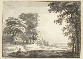 Paesaggio boscoso con viaggiatore in riposo
