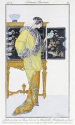 Abito in seta cinese, foderato di cincillà, cappotto in velluto - in "Journal des dames et de la mode: Costumes Parisiens", n¡32