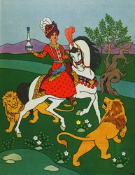 Il principe a cavallo con due leoni, illustrazione per "Il principe Ahmed e la fata Pari Banou", da "Le mille e una notte".