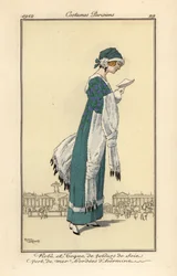 Donna che legge una lettera con abito e cappello a toque di velluto di seta verde mare bordato di ermellino. Scialle e manicotto in ermellino, Incisione a pochoir (stencil) colorata a mano da un