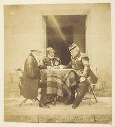 Un consiglio di guerra: Lord Raglan, Omar Pascià e Pélissier, ripreso la sera prima della presa del Mankelen, Crimea