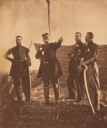 Generale francese Pierre Bosquet (centro), che dà ordini al suo staff, Guerra di Crimea, Crimea, Ucraina