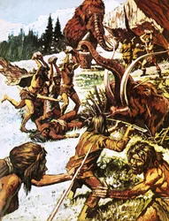 Uomini preistorici che attaccano i mammut