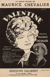 Copertina della partitura del grande successo di Maurice Chevalier "Valentine" testo di Albert Willemetz musica di Christine edizioni Salabert, 1925 circa (stampa)