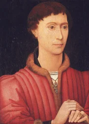 Ritratto di un giovane uomo, busto, in un doppietto rosso bordato di pelliccia, c.1450-60
