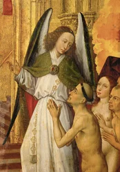 Altare del Giudizio Universale: particolare: Un angelo che conduce i Giusti in paradiso, una cattedrale dorata