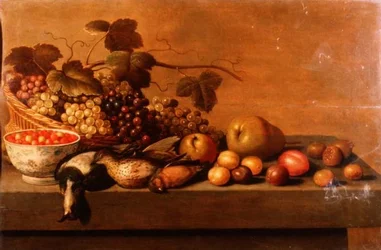 Natura morta di frutta e uccelli da caccia