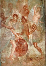 Achille, travestito da donna, viene riconosciuto da Ulisse tra le figlie di Licomede a Sciro. Affresco di Pompei. 1° secolo d.C. Napoli, Museo Archeologico Nazionale