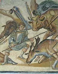 Battaglia tra gladiatori e animali, dettaglio di un gladiatore che infilza un toro, 320 d.C.