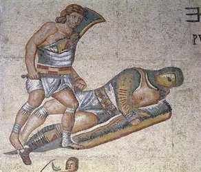 Battaglia tra gladiatori, dettaglio di un gladiatore che immobilizza un altro a terra, 320 d.C.