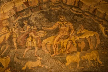 Mosaico del pavimento dei Ciclopi, Villa Romana del Casale, Piazza Armerina, Sicilia, Italia