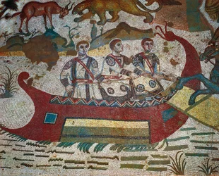 Dettaglio del mosaico della Grande Caccia, Villa Romana del Casale, Piazza Armerina, Sicilia, Italia, IV secolo