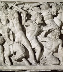 (dettaglio) di un sarcofago raffigurante una battaglia tra Romani e Galati