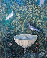 Dettaglio di fontana e uccelli da un dipinto di giardino, Casa del Bracciale d