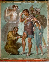 Enea ferito con suo figlio Iulo è curato dal medico greco Iapige, figlio di Iaso. Affresco romano del I secolo d.C. da Pompei. Napoli, Museo Archeologico Nazionale