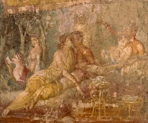 Affresco che raffigura una scena di triclinio, da Pompei, Italia