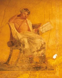 Affresco su sfondo giallo raffigurante il poeta greco Menandro, dalla Casa di Menandro, Pompei, Campania, Civiltà Romana
