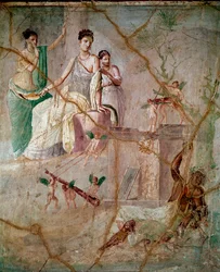 Eracle e Onfale, affresco romano del 3° stile pompeiano proveniente da Pompei, 40-60 d.C., dimensioni 88 x 103 cm, conservato al Museo archeologico nazionale di Napoli, Italia