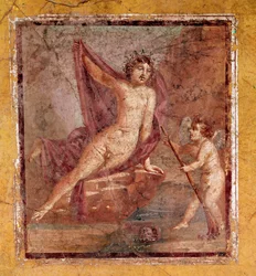 Narciso ed Eros, affresco romano del III stile pompeiano dal sito di Pompei, Italia, I secolo d.C.