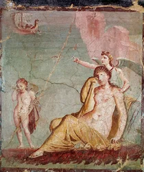 Nemesi, dea della vendetta, mostra la nave di Teseo, che ha appena abbandonato Arianna (affresco)
