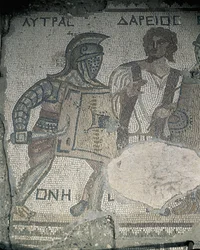 Dipinto di due gladiatori su un muro a mosaico, Kourion, Limassol, Cipro