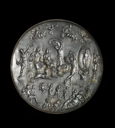 Patere di Parabiago, piatto rituale in argento raffigurante il trionfo di Attis (o Atys) e Cibele su un carro trainato da leoni, IV secolo. Argento: Diametro: 40 cm. Museo archeologico di Milano