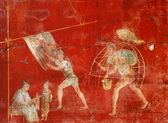 Affresco su colonna che raffigura la lavorazione della lana, da Pompei, Fullonica di Veranio Ipseo
