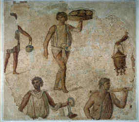 Preparativi per una festa dionisiaca: schiavo che serve un pasto. Mosaico da Cartagine. II secolo d.C. Parigi, Museo del Louvre