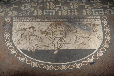 Il ratto di Europa, mosaico pavimentale da Lullingstone Roman Villa, ca 82 d.C., Eynsford, Kent, Inghilterra, Regno Unito, civiltà romana