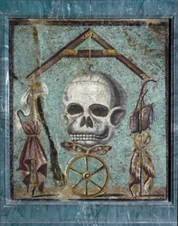 Arte romana: Memento mori, simboli di Vita e Morte. Mosaico da Pompei. II stile. Museo Archeologico Nazionale, Napoli