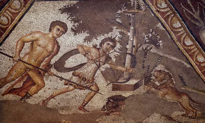 Arte romana: Mosaico delle stagioni dal cortile della villa di Costantino di Daphne che rappresenta due cacciatori (dettaglio)