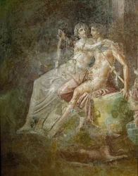 Arte romana: «Venere e Marte». Affresco dalla Casa del Citarista a Pompei. Terzo stile. Dimensioni: 253 x 150 cm. Museo Archeologico Nazionale, Napoli