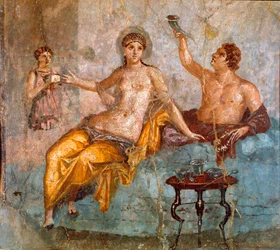 Arte romana: scena di banchetto, un giovane e una cortigiana. Affresco romano del 4° stile pompeiano dal sito di Ercolano (Herculanum o Herculaneum), 60-80 d.C. Dimensioni 65 x 66 cm. Esposto al Museo Nazionale. Scuola fiamminga