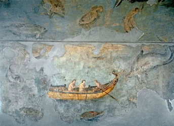 Arte romana: "pescatori su una barca" Affresco da una casa situata vicino a un porto fluviale di Roma. 131 d.C. Roma, Museo Nazionale Romano (o delle Terme)