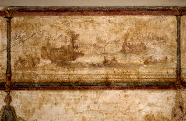 Arte romana: «Scena marittima con biremi e triremi». Affresco, intorno al 25-19 a.C. Dimensioni: 73 cm. Roma, Museo Nazionale Romano (o delle Terme)