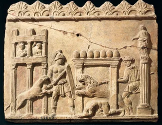 Rilievo romano raffigurante leoni e gladiatori che combattono nel circo