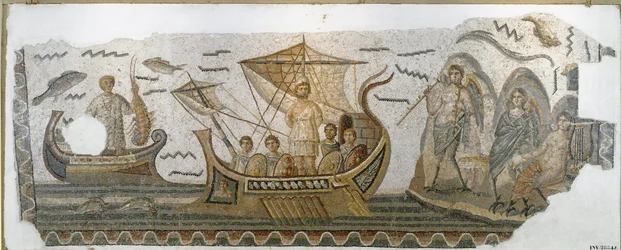 Antichità romana: Ulisse sulla sua barca resiste al canto delle Sirene (Odissea di Omero). Mosaico. 250-270 d.C. Tunisi, Museo nazionale del Bardo