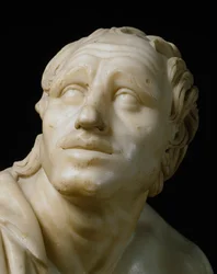 Arte romana: "Un arrotino che affila i suoi coltelli" (dettaglio del volto). Scultura in marmo romana del I secolo a.C. dopo un originale greco. Dim. 105 cm Firenze, Galleria degli Uffizi, Tribuna