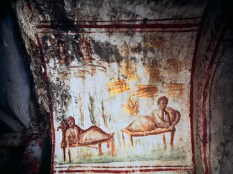 Arte romana: I sogni di Giuseppe, figlio di Giacobbe. Affresco del 4° secolo. Catacombe di Via Latina, Roma