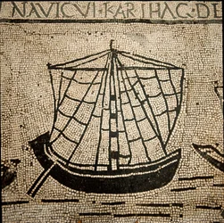 Arte romana: nave da carico. Mosaico del III secolo d.C. Ostia, Piazzale delle Corporazioni, Italia