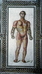 Arte romana: gladiatore. Mosaico pavimentale dalle Terme di Caracalla. 212 d.C. Roma, Museo Nazionale Romano (o delle Terme)