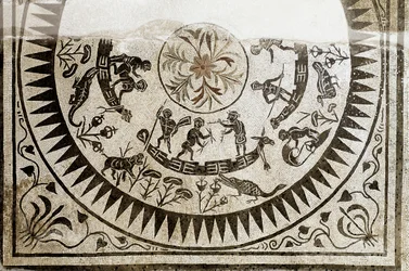 Arte romana: pigmei a caccia e a pesca. Mosaico del III secolo. Museo Nazionale Romano (o delle Terme), Roma