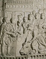 Arte romana: bassorilievo che rappresenta cittadini Sarmati che pagano tributo ai Romani. Dai rilievi della colonna di Marco Aurelio. II secolo d.C. Roma, Museo della Civiltà Romana