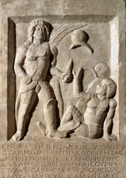 Arte romana: bassorilievo che rappresenta una battaglia di gladiatori. II secolo d.C. Roma, Museo della Civiltà Romana