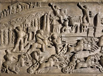 Arte romana: bassorilievo che rappresenta le corse dei carri al Circo Massimo a Roma. II secolo d.C. Roma, Museo della Civiltà Romana