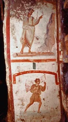 Arte romana: miracolo della fonte e miracolo della guerra del paralitico. Affreschi. Fine del III secolo d.C. Roma, catacombe di San Marcellino e Pietro