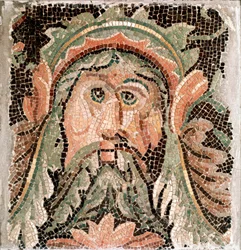 Arte romana: mosaico raffigurante la testa di una divinità marina. III secolo d.C. Roma, Museo Nazionale Romano