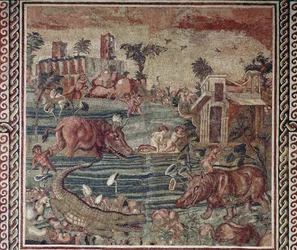 Arte romana: mosaico paesaggio del Nilo da una villa sul colle Aventino, Roma 1°-2° secolo. Roma, Museo Nazionale Romano in Palazzo Massimo, Inv 171